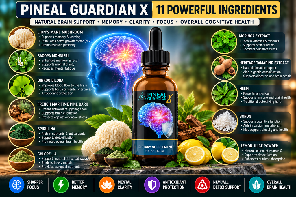 Pineal Guardian X ingredients flat lay — Lion's Mane, Bacopa, Ginkgo Biloba and 8 more natural brain support compounds